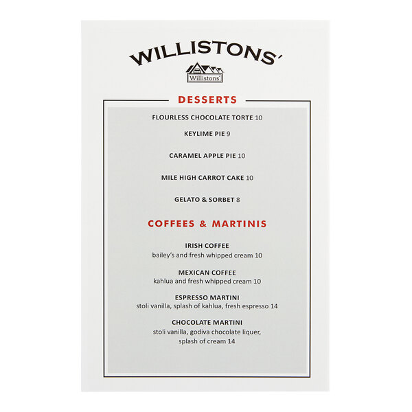 A customizable 6" x 9" waterproof menu with squared corners on a table in a restaurant.