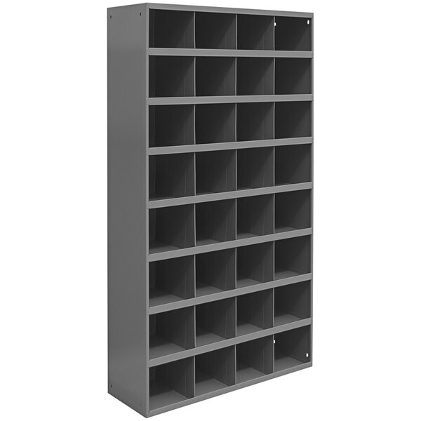 A grey Durham Mfg storage bin shelf with many square openings.