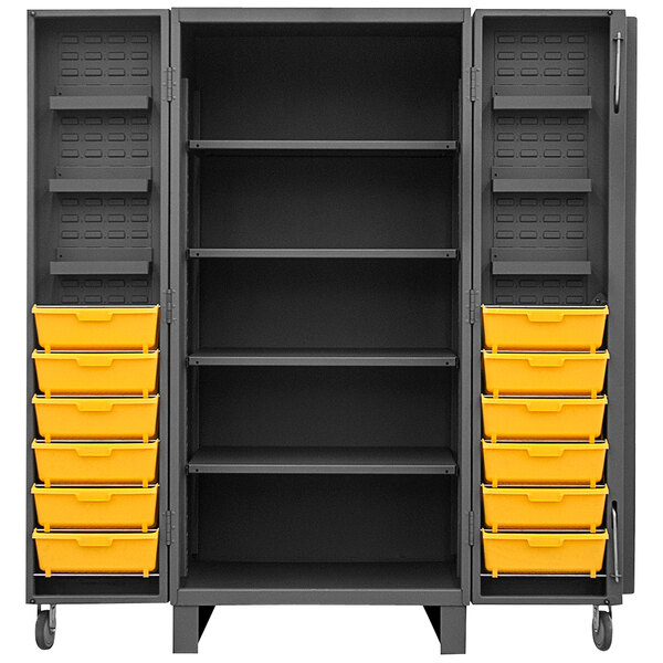 A metal Durham storage cabinet with yellow bins on the shelves.
