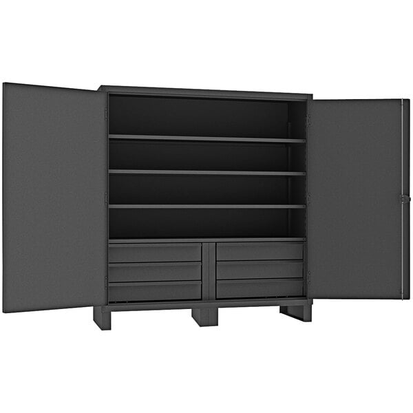 A black Durham steel storage cabinet with grey doors.