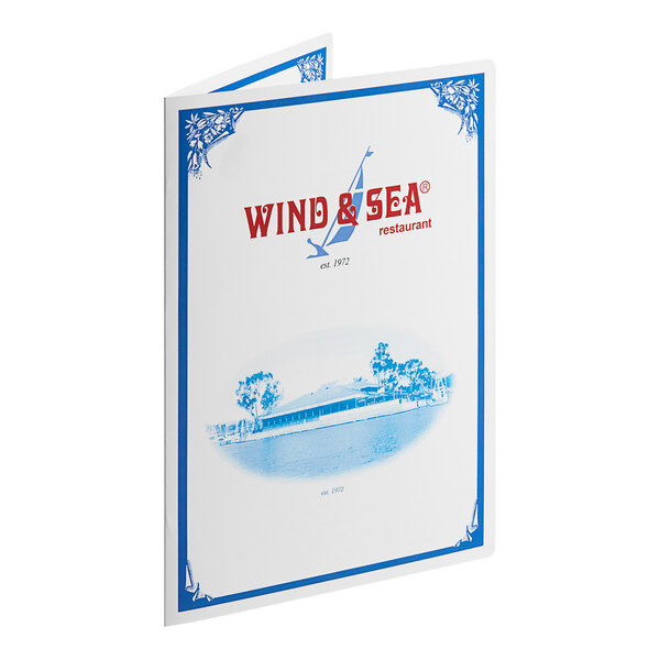 A white and blue 13" x 19" customizable bifold menu with rounded corners.