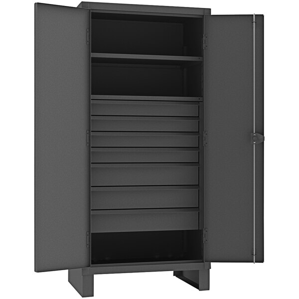 A black metal Durham Manufacturing storage cabinet with shelves and drawers.