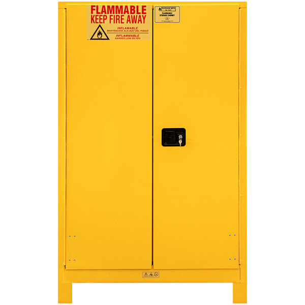 A yellow Durham Mfg safety cabinet with manual doors.