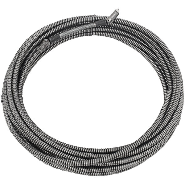 A coiled metal cable with a black and white stripe and a metal tip.
