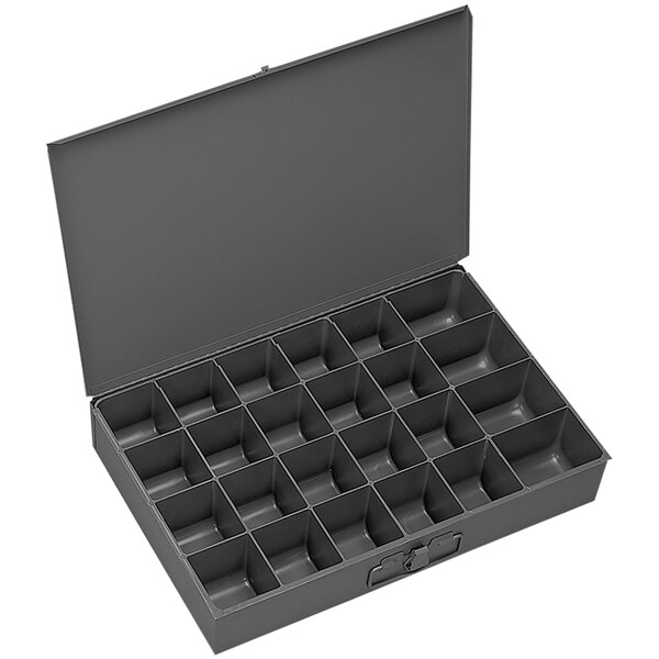 A grey Durham Manufacturing steel box with 24 compartments.