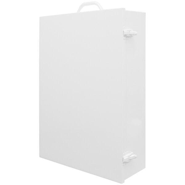 A white rectangular Durham Mfg empty first aid kit cabinet with a handle.