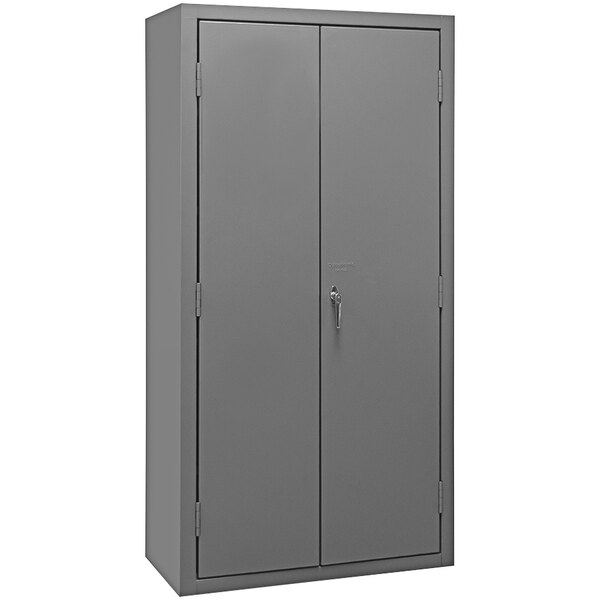 A grey metal Durham storage cabinet with two doors.