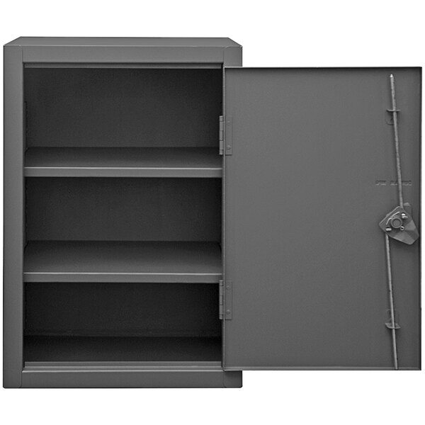 A grey metal Durham countertop cabinet with two shelves and doors open.