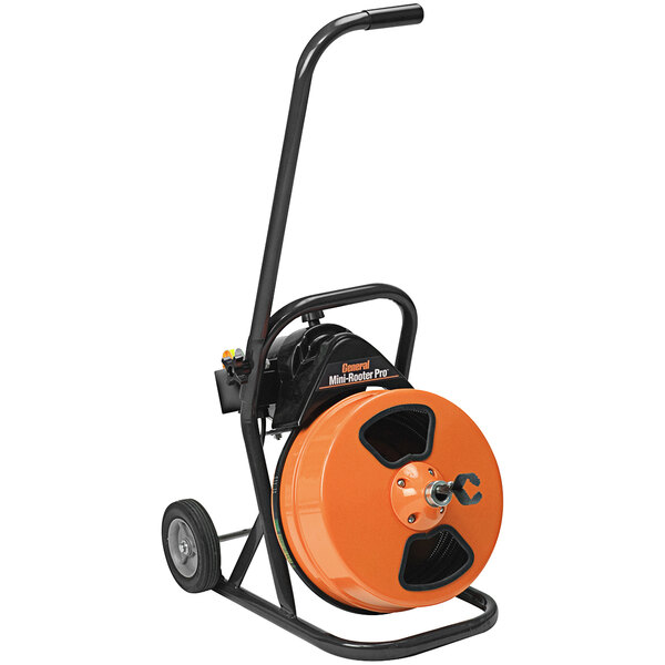 A black and orange General Pipe Cleaners Mini-Rooter Pro drain cleaning machine on a small hose reel.