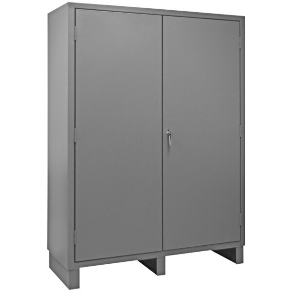 A large grey Durham steel storage cabinet with four shelves and a handle on the door.