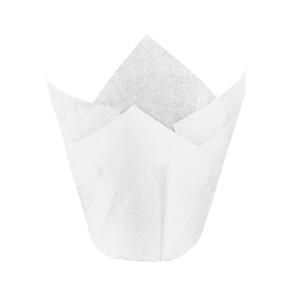 A white paper wrapper with a tulip shaped top.