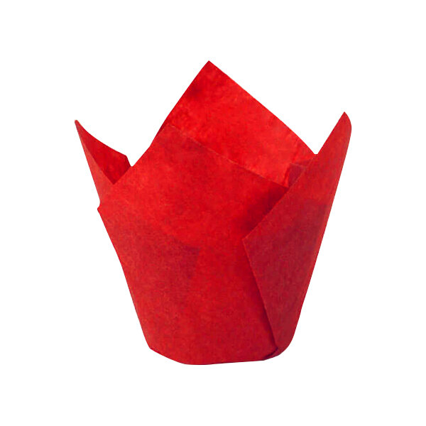 A red Novacart paper tulip baking cup with a red paper wrapper.