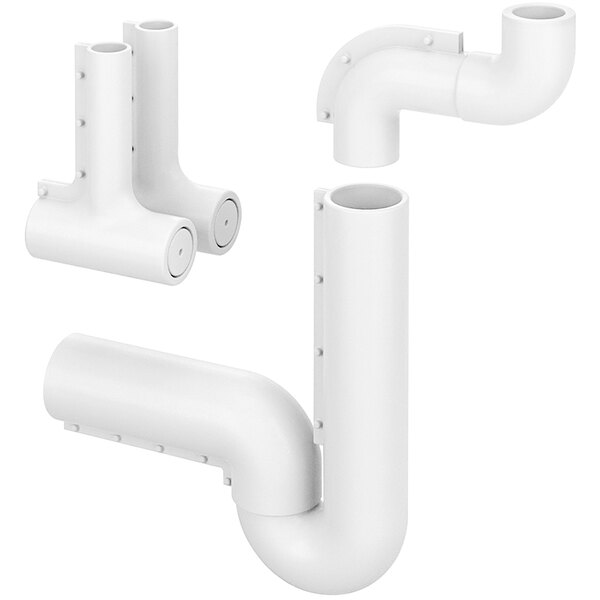A Zurn trap wrap kit with white plastic pipes and a white offset drain protector.