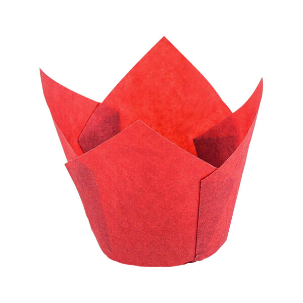 A close-up of a red Novacart tulip baking cup wrapper.