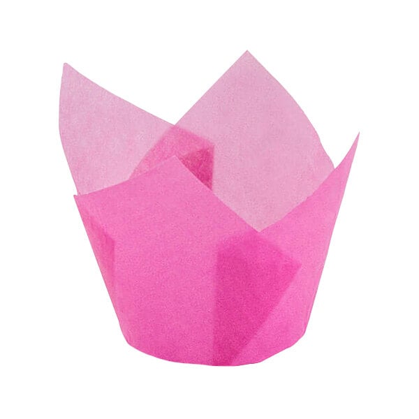 A pink paper wrapper with a folded design on a white background.