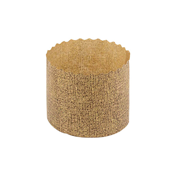 A brown paper cylinder with a gold patterned trim.