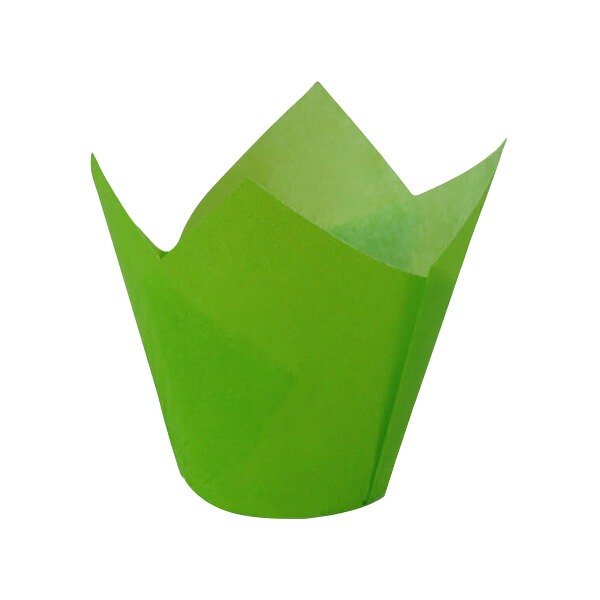 A green paper tulip baking cup with a green leaf design.