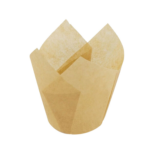 A brown paper tulip baking cup on a white background.