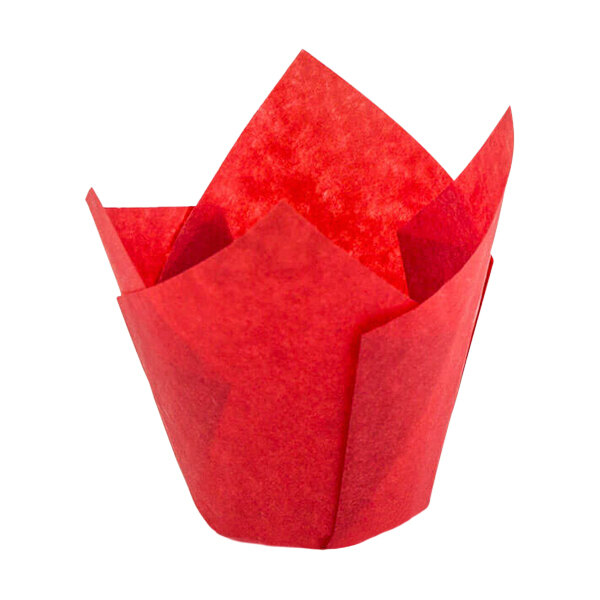 A red paper tulip baking cup.
