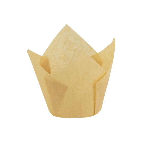 A Novacart natural Kraft paper tulip baking cup with a folded top.