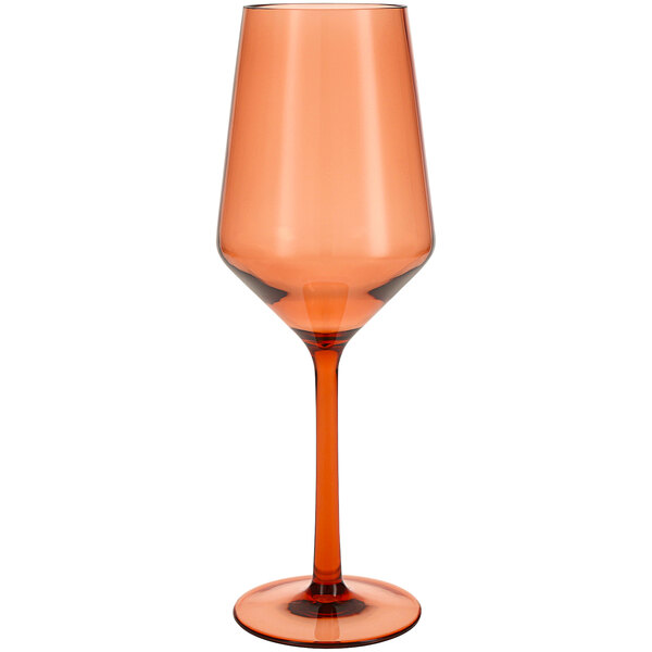 A close-up of a Fortessa Sole Terra Cotta Tritan plastic wine glass with a white background.
