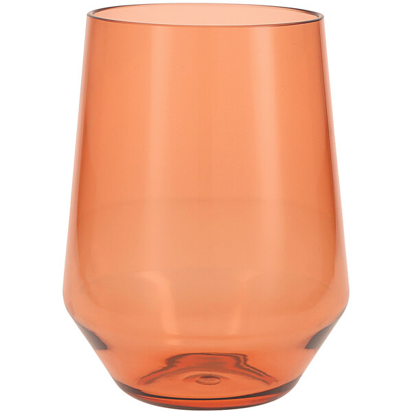 A Fortessa Terra Cotta Tritan plastic stemless wine glass with an orange rim on a white background.