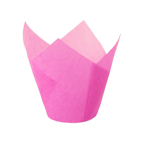 A pink Novacart tulip-shaped paper cupcake wrapper.