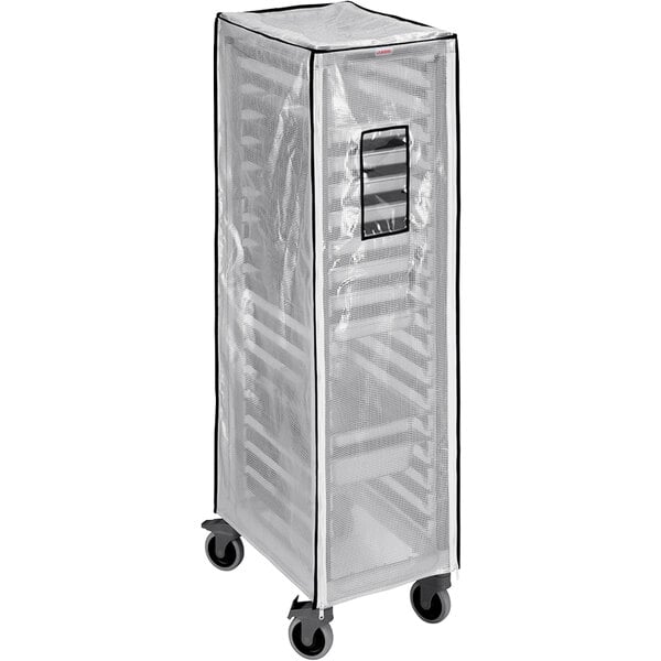 A transparent plastic cover with a window for a Cambro bun pan rack with wheels.