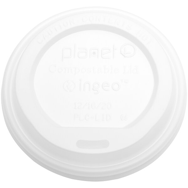 A white Stalk Market Planet+ compostable PLA paper hot cup lid with white text.
