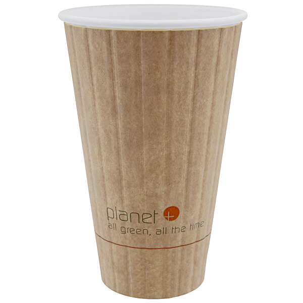 A brown Stalk Market Planet+ kraft paper hot cup with a lid.