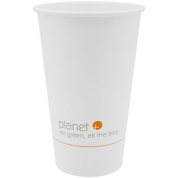A white Stalk Market Planet+ paper hot cup with orange and green text.