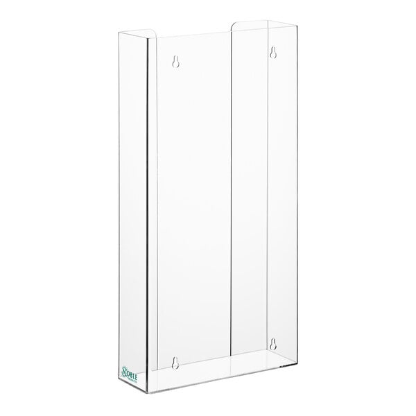 A clear acrylic rectangular holder with four compartments for disposable gloves.