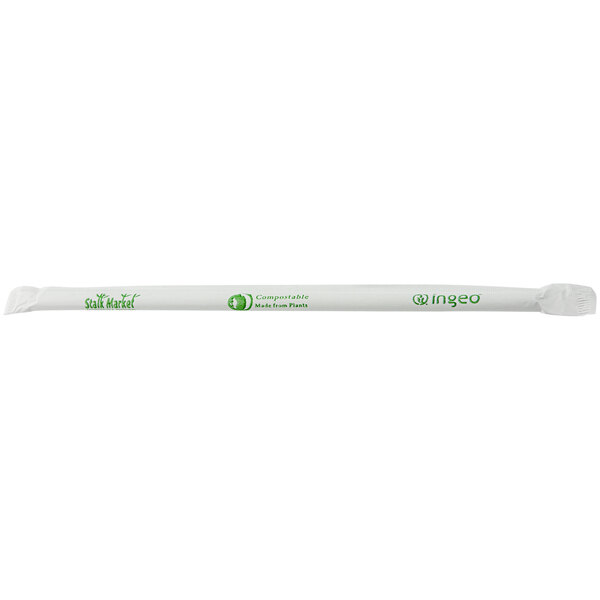 A clear paper straw wrapped in green paper with green text.
