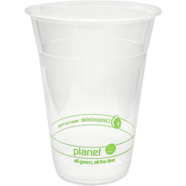 A clear plastic Stalk Market Planet+ PLA cup with a green logo.