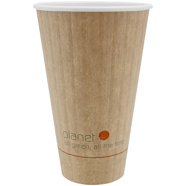 A brown Stalk Market paper hot cup with the word "planet" on it.