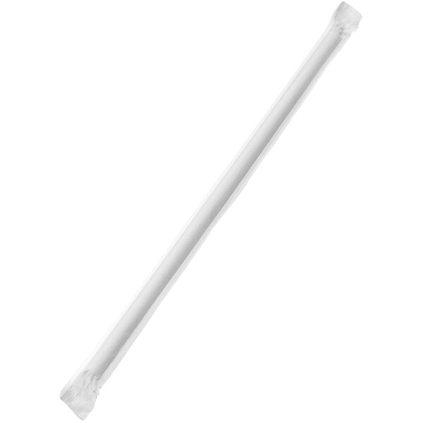 A white paper straw in plastic wrapping.