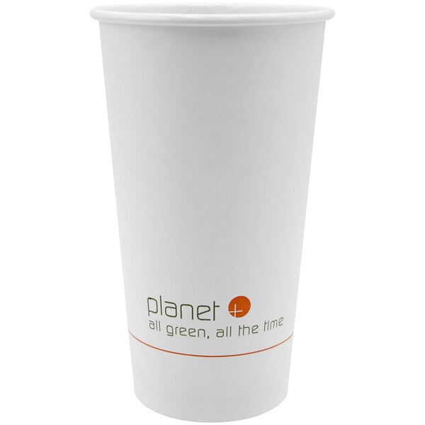 A white Planet+ paper hot cup with a PLA coating and the word "planet" on it.