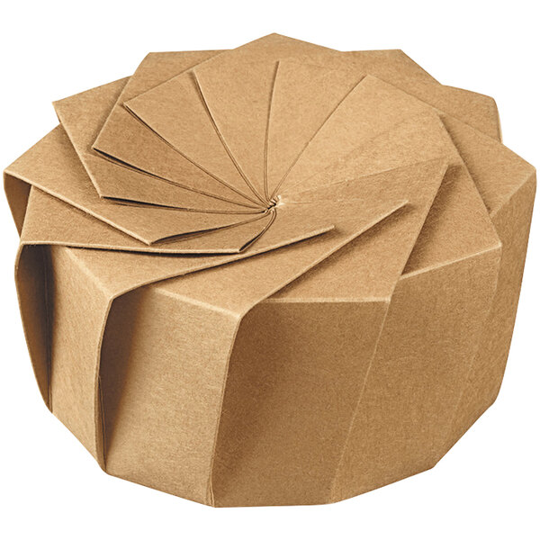 A Solia brown cardboard origami bowl with folded edges.