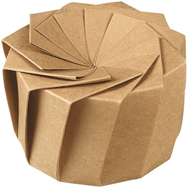 A brown Solia cardboard bowl with a folded origami design.