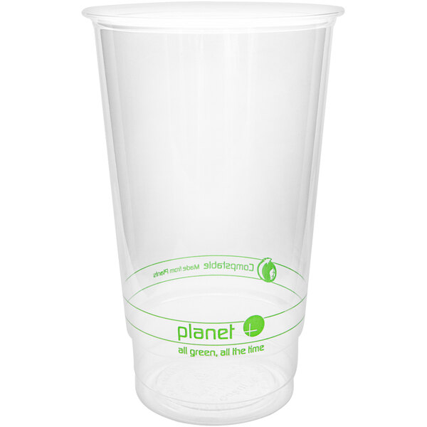 A clear plastic Stalk Market compostable cup with green text.