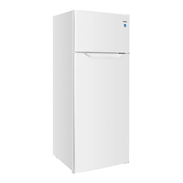 A white Danby reach-in refrigerator/freezer with two doors and a handle.