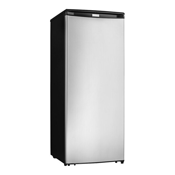 A silver and black Danby reach-in freezer with a stainless steel solid door.