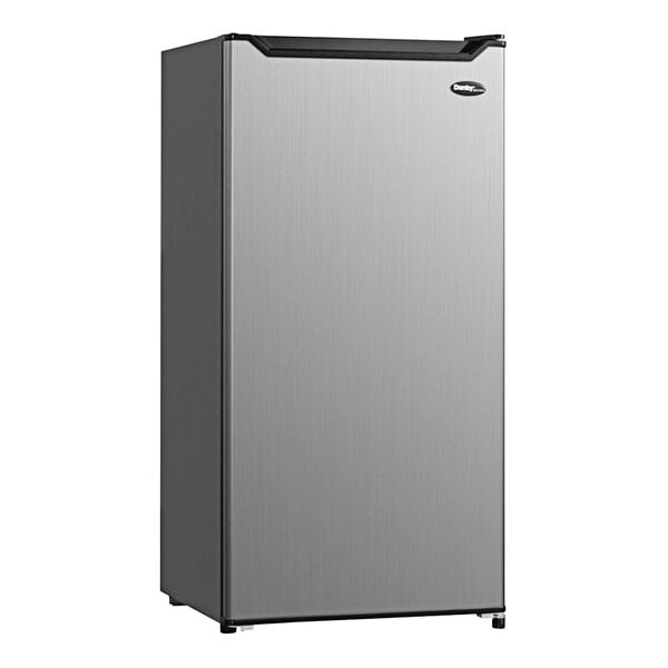A silver Danby hotel refrigerator with a black handle.