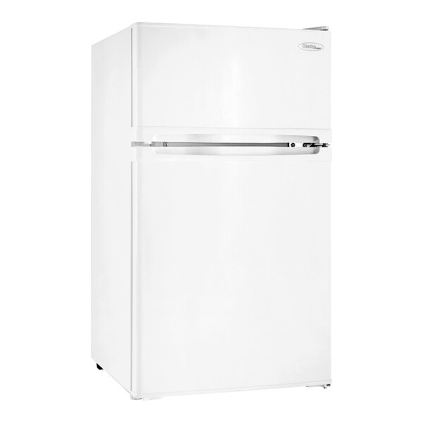 A white Danby reach-in refrigerator/freezer with a silver handle.