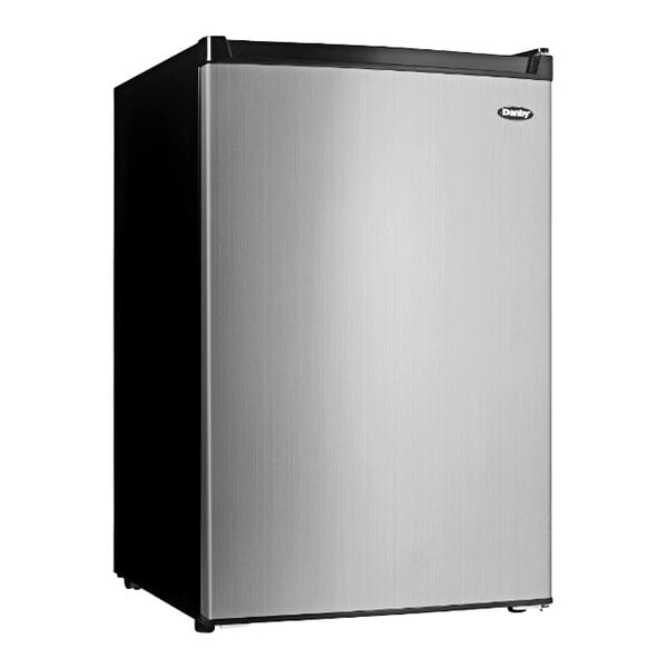 A stainless steel Danby refrigerator with a black door and silver trim.
