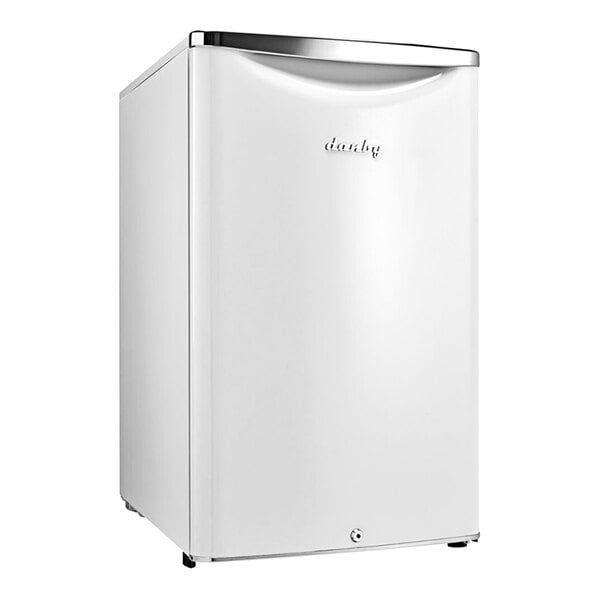 A Danby white reach-in refrigerator with a silver handle and top.