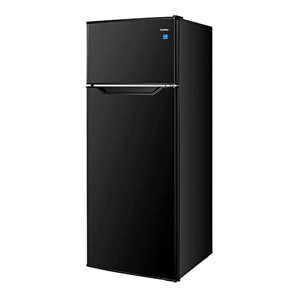 A black Danby reach-in refrigerator/freezer with white doors and a silver handle.