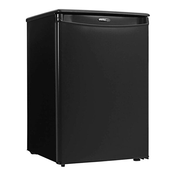 A black Danby reach-in refrigerator with a door open.