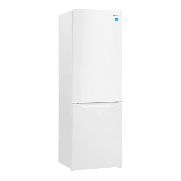 A white Danby bottom mounted refrigerator freezer with two doors open.