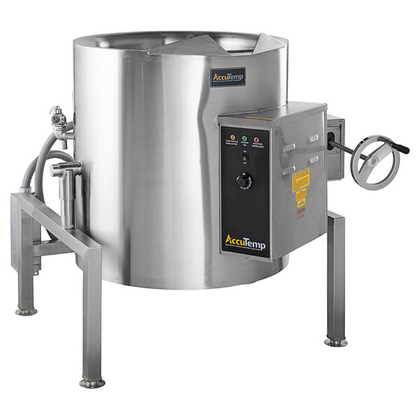 A large stainless steel AccuTemp tilt kettle with a lid on it.